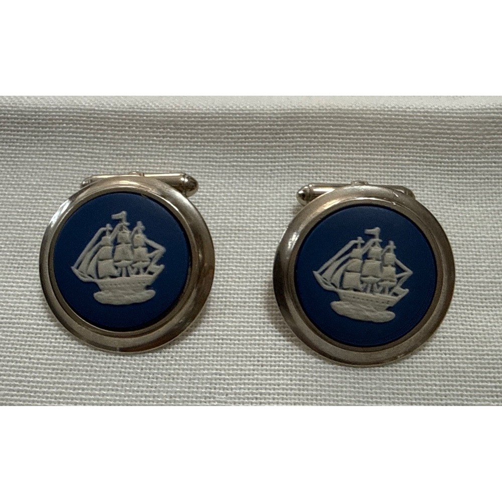 Vintage Wedgwood Cuff Links Blue Jasperware Gold Sterling Sailing Ship